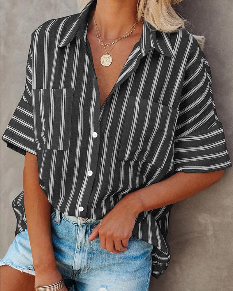 

Striped Button Front Pocket Design Shirt, Black