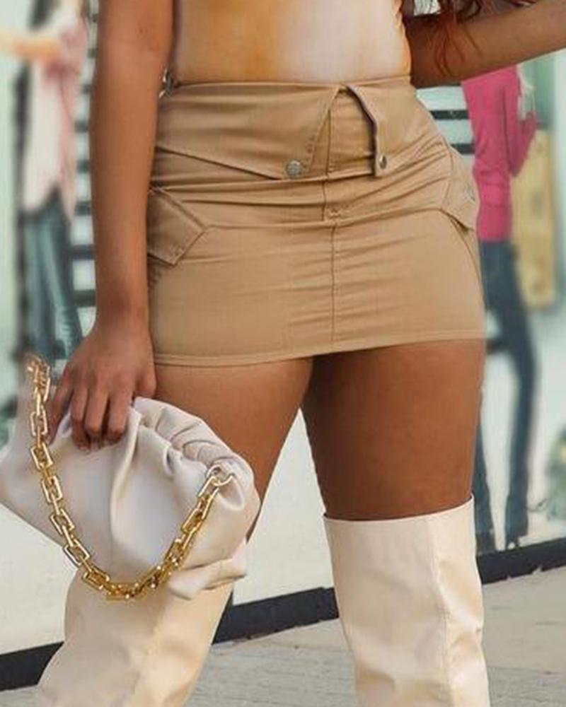 

Button Decor Asymmetrical Waist Cargo Skirt, Khaki