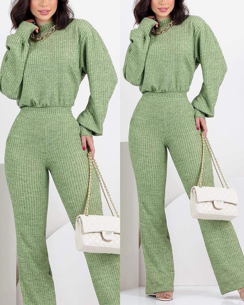 

Mock Neck Long Sleeve Top & Pants Set, Green