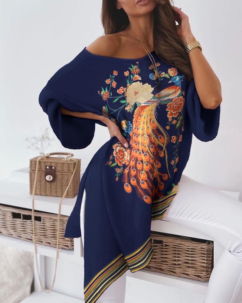

Peacock Floral Print Drop Shoulder Open Knit Sweater, Purplish blue