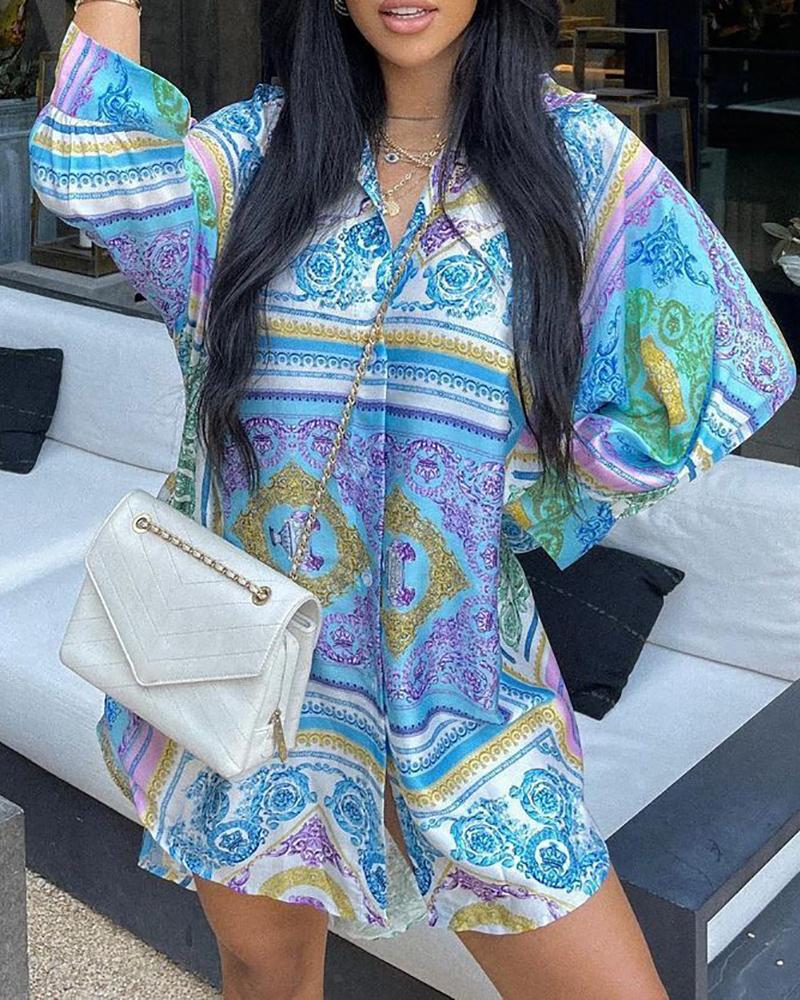 

Graphic Print Lantern Sleeve Buttoned Shirt, Blue