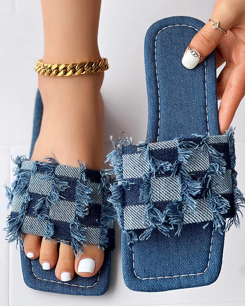 

Colorblock Raw Hem Denim Slippers Outdoor Sandals, Blue