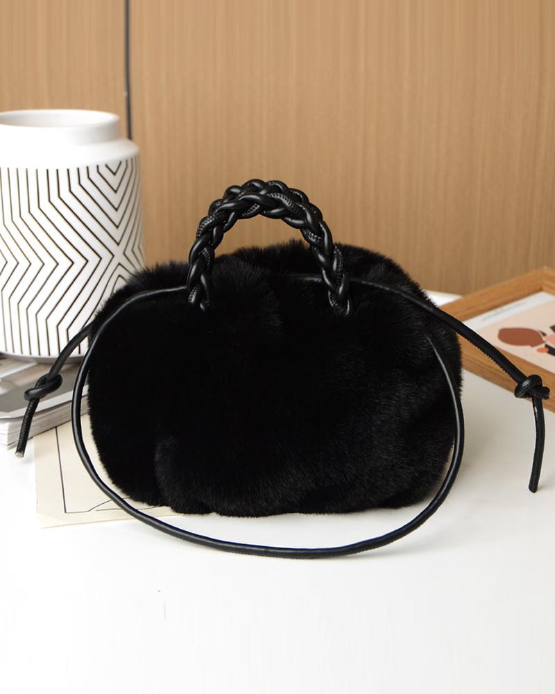 

Fluffy Braided Top Handle Magnetic Shoulder Bag, Black