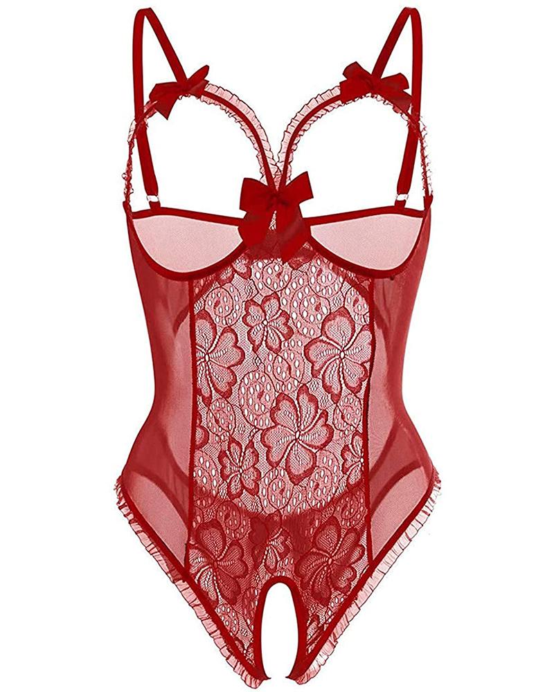 

Bowknot Open Crotch Floral Lace Teddies, Wine red