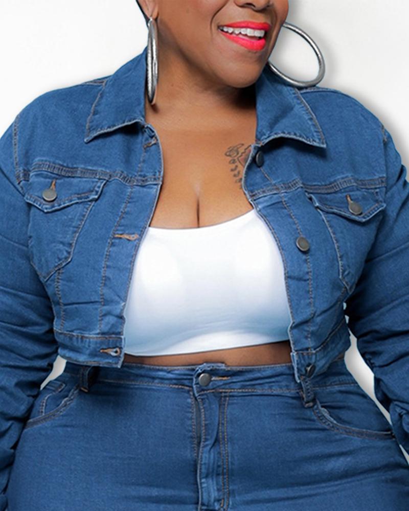 

Plus Size Ruched Long Sleeve Crop Denim Coat, Blue