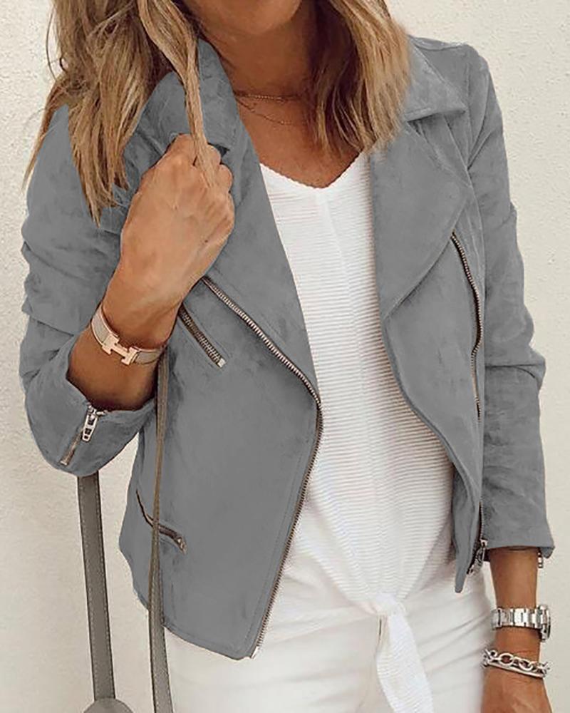

Long Sleeve Zipper Design Suede Biker Jacket, Gray