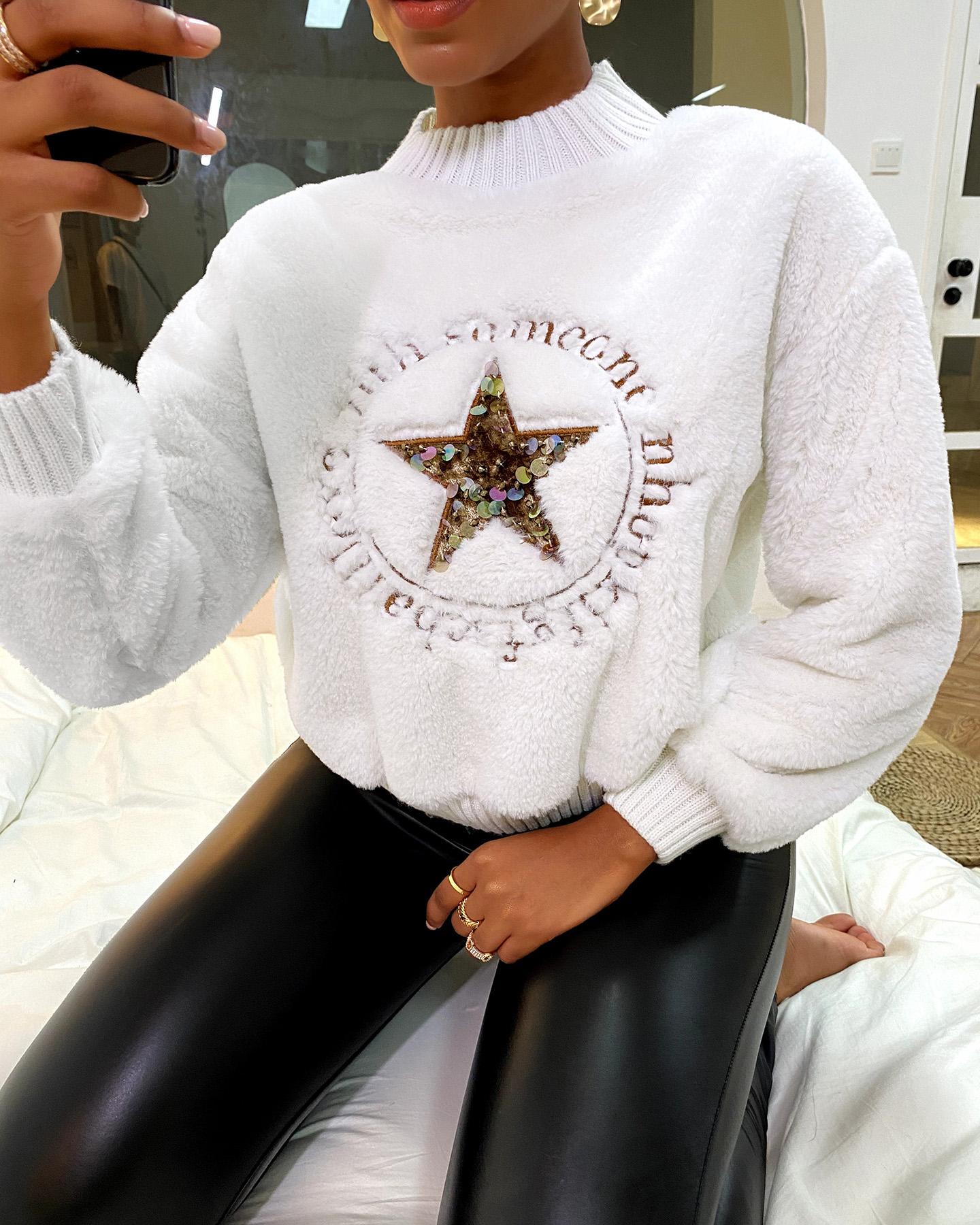 

Star Letter Pattern Sequins Teddy Sweatshirt, Beige