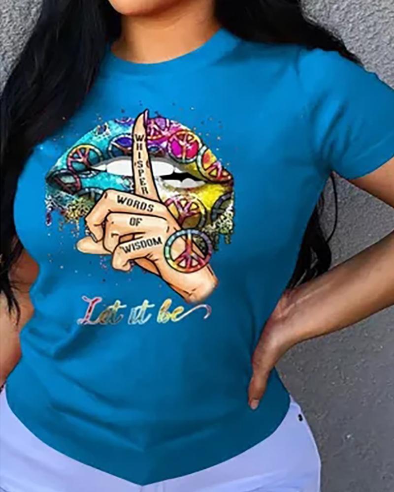 

Letter Lip Graphic Print O-neck T-shirt, Dark blue