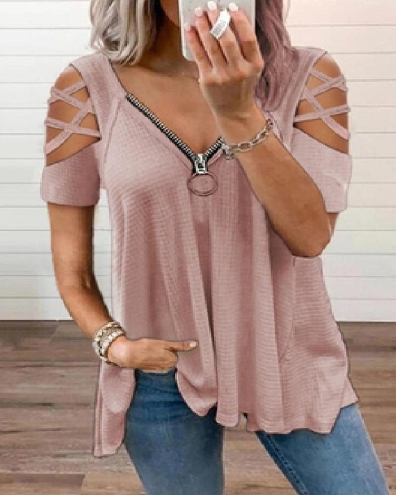 

Solid Short Sleeve Zip-up Blouse T-shirts, Pink