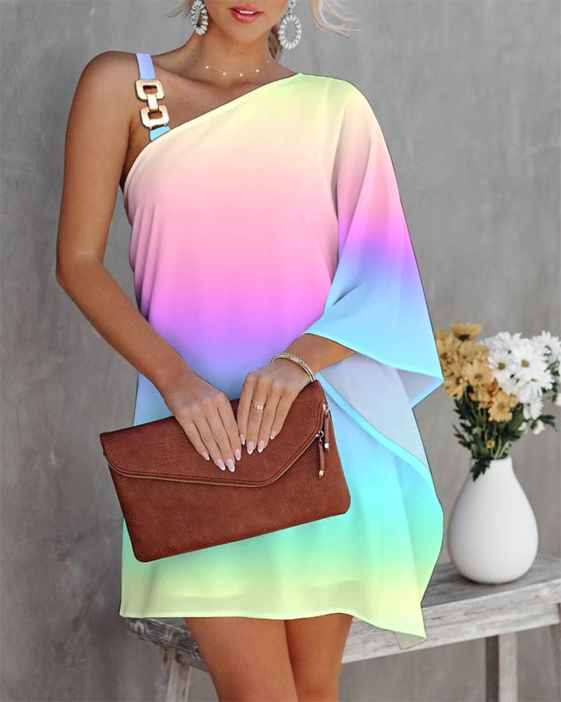 

Ombre Chain Strap Asymmetrical Neck Casual Dress, Pink