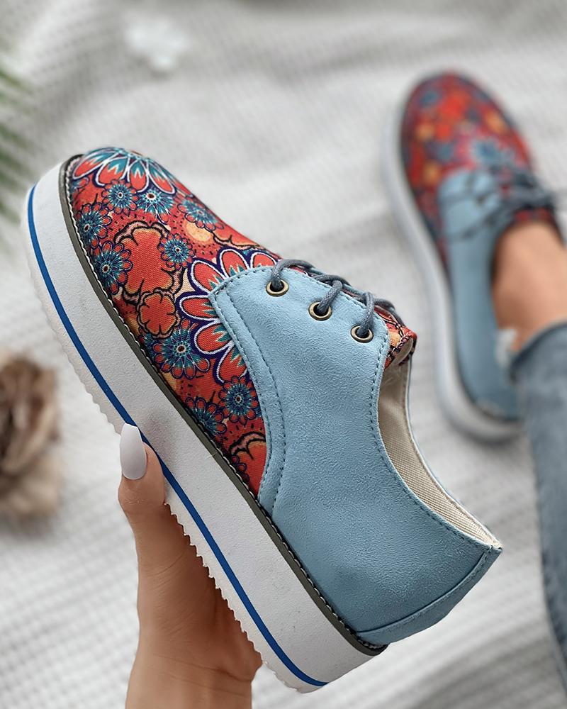 

Floral Pattern Lace-up Front Suede Shoes, Lighted blue