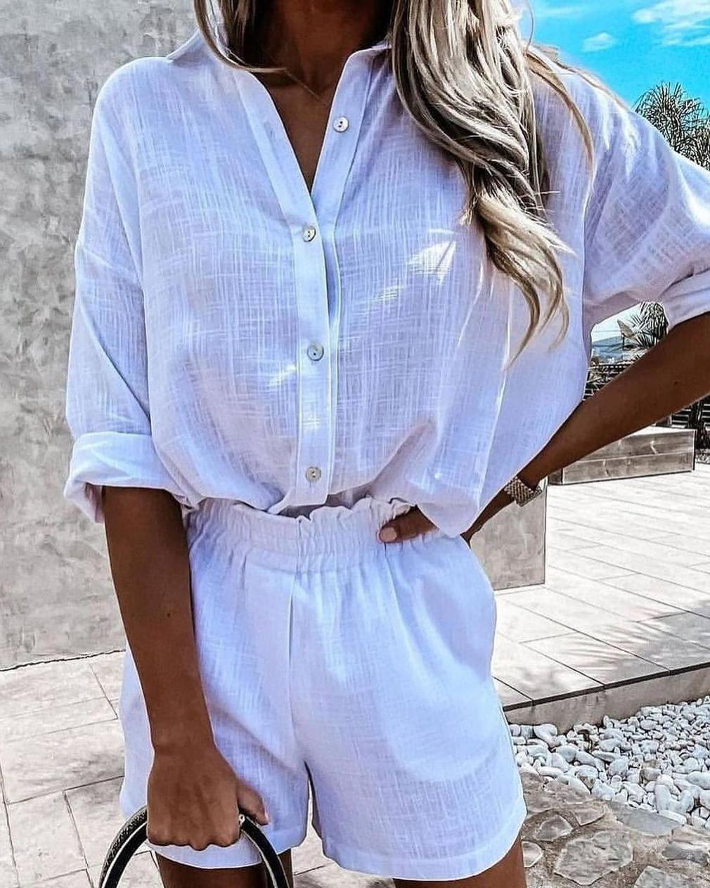 

Button Design Casual Shirt & Shirred Shorts Set, White