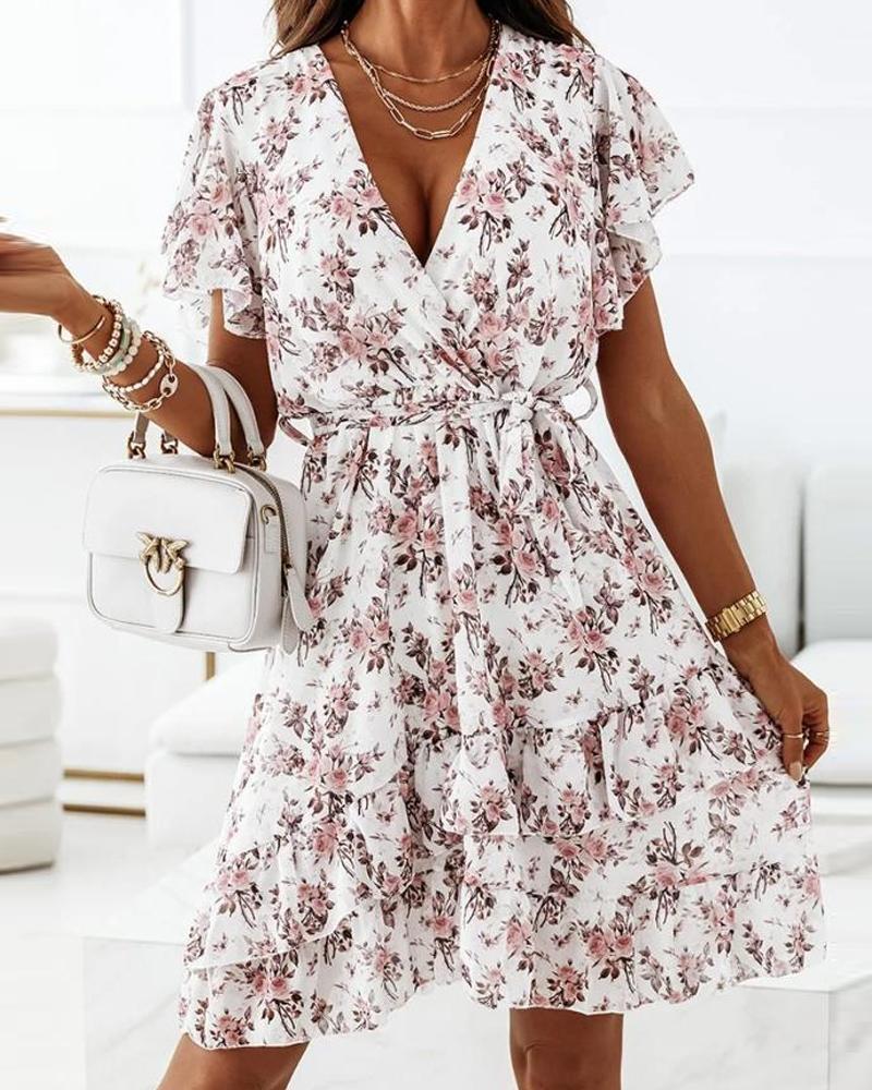 

Floral Print Ruffle Hem Belted Wrap Dress, White