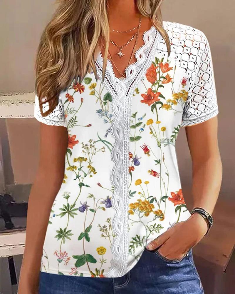 

Floral Print Lace Patch Top, White