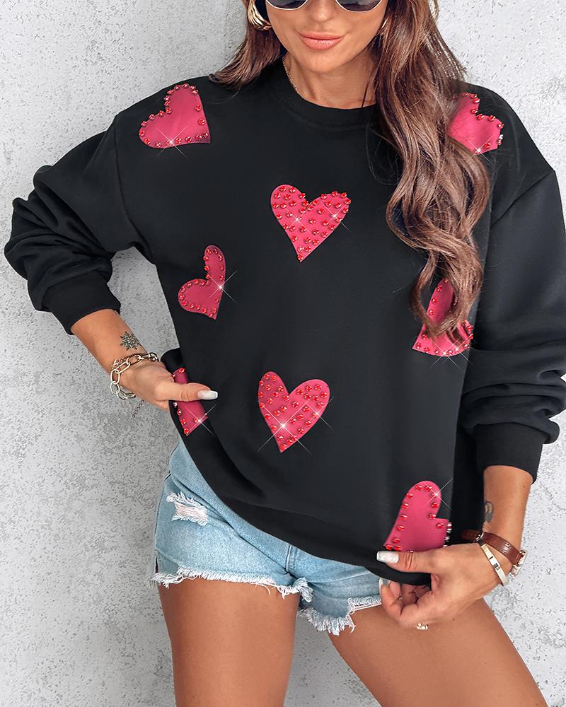 

Heart Print Long Sleeve Rhinestone Decor Sweatshirt, Black