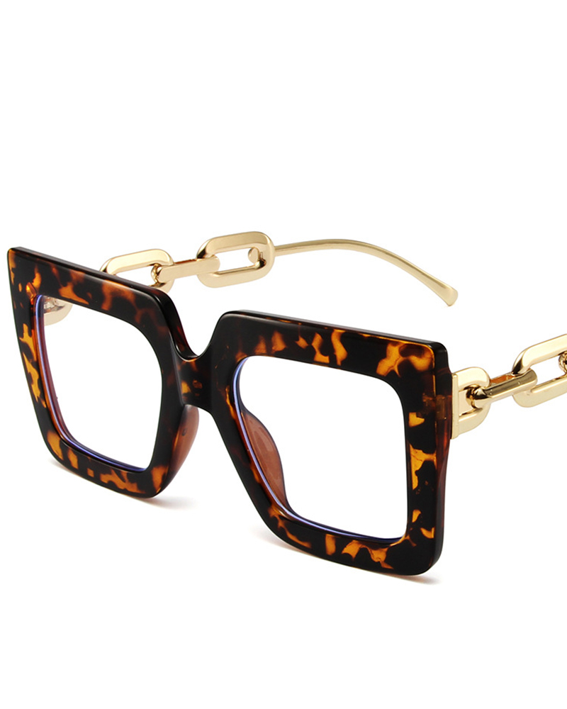 

1Pair Chain Clear Lens Big Square Frame Glasses, Leopard