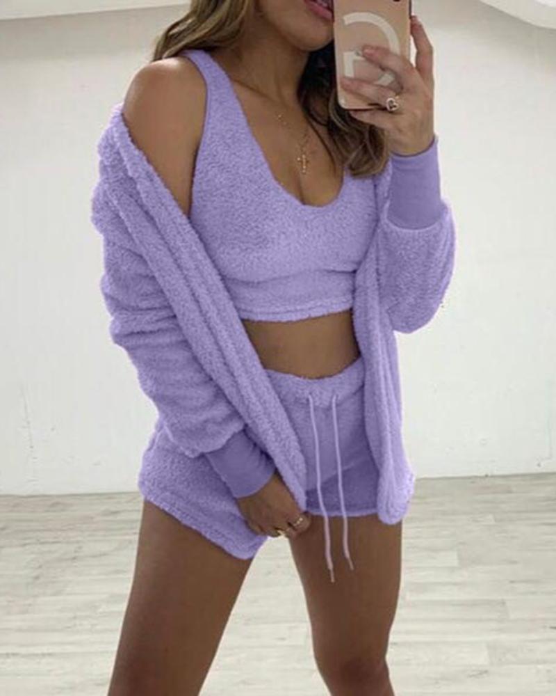 

Fuzzy Tank Top & Shorts Set With Cardigan, Light purple