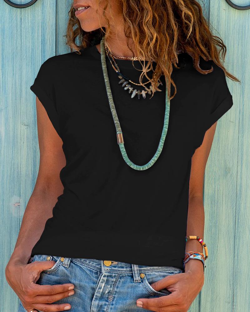 

Cap Sleeve Round Neck T-shirt, Black