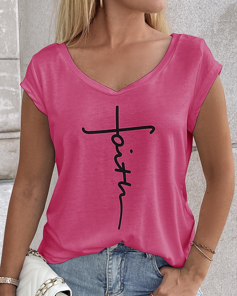 

Faith Print V-Neck Cap Sleeve T-shirt, Rose red