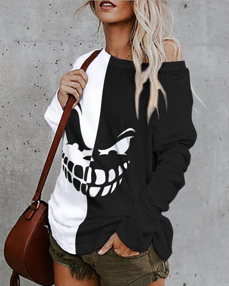 

Halloween Graphic Print Colorblock Long Sleeve Top, Blackwhite