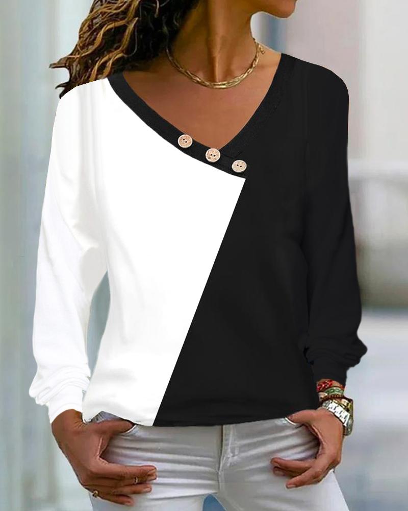 

Colorblock Button Decor Long Sleeve Top, Blackwhite