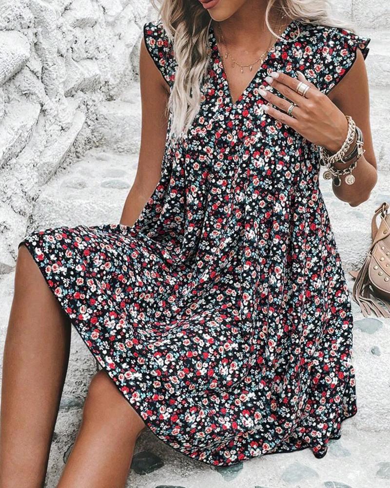 

Ditsy Floral Print Plunge Flutter Sleeve Casual Dress, Black