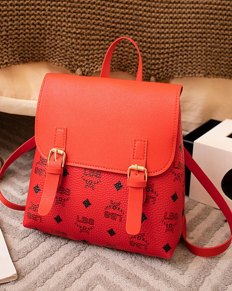 

Letter Argyle Print Bucked Flap Backpack Trendy School Bag, Red