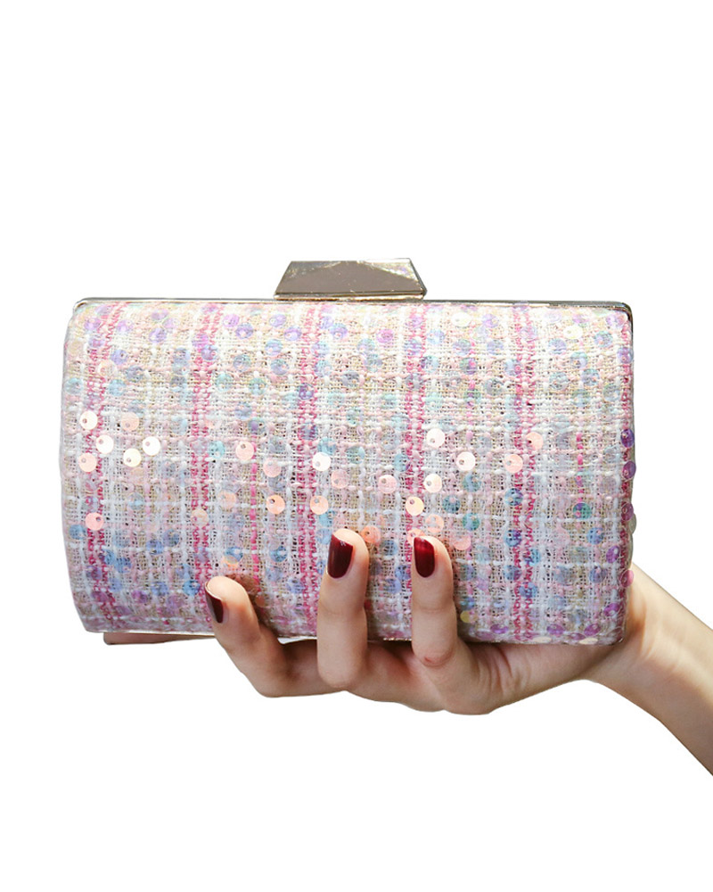 

Tweed Sequins Decor Clutch Purse Evening Bags, Pink