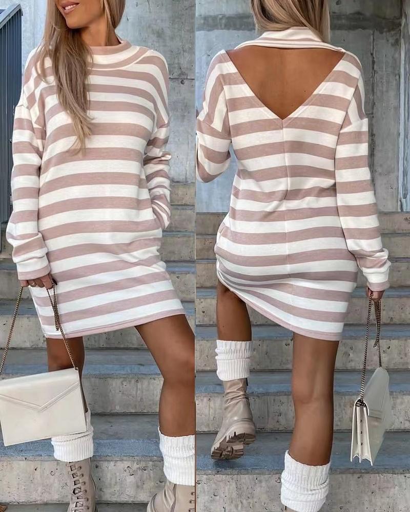 

Striped Print Open Back Long Sleeve Dress, Khaki