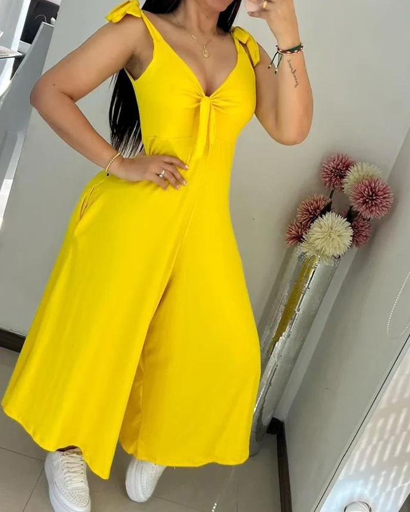 

Tied Detail Pocket Design Wide Leg Jumpsuit, Yellow