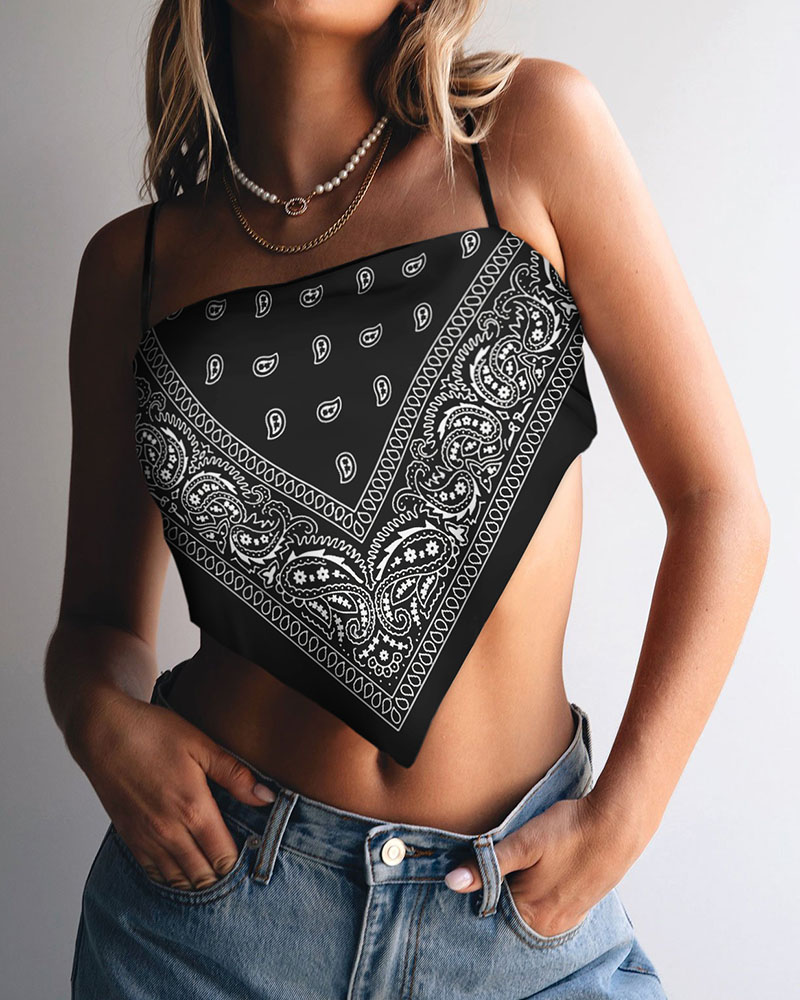 

Graphic / Star / Paisley Print Tied Detail Handkerchief Top, Style3