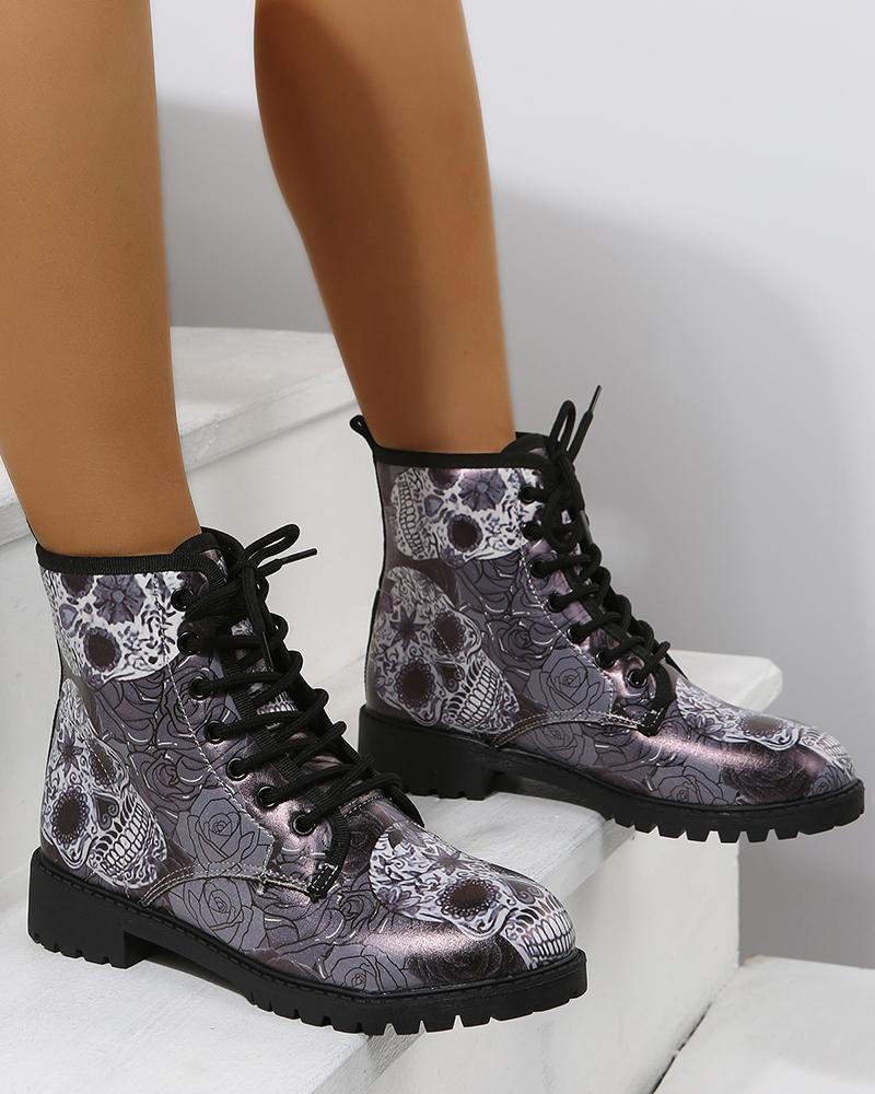 

Halloween Graphic Print Lace-up Martin Boots, Gray