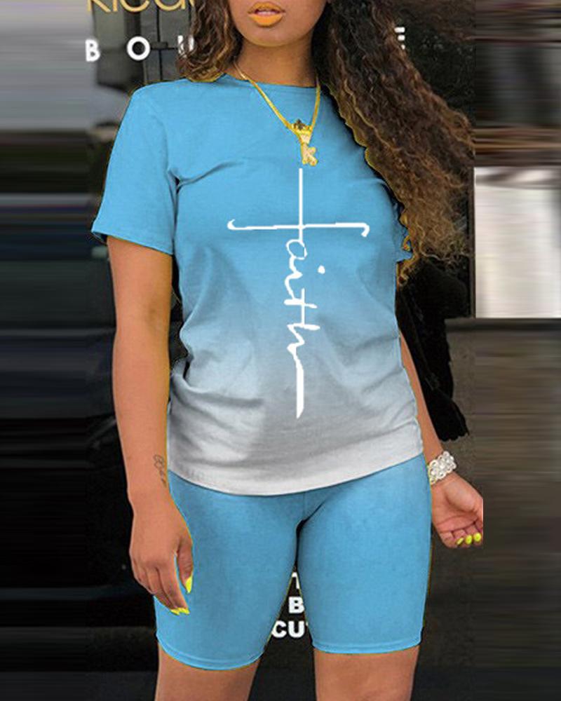

Plus Size Letter Print Ombre Casual Top & Shorts Set, Lighted blue