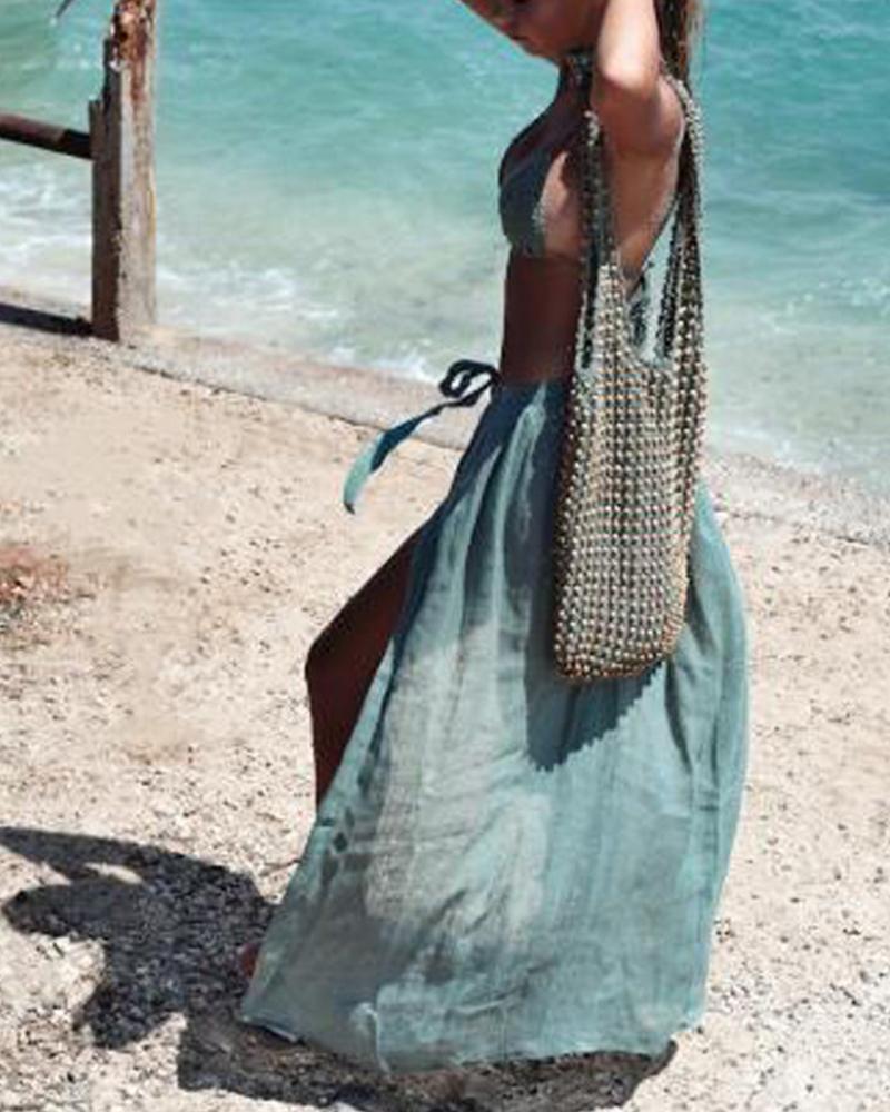 

Solid Loose Slit Strappy Long Skirts, Blue