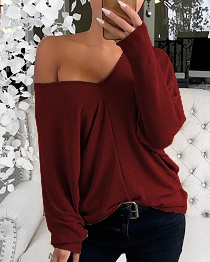 

V Neck Long Sleeve Casual Top, Wine red