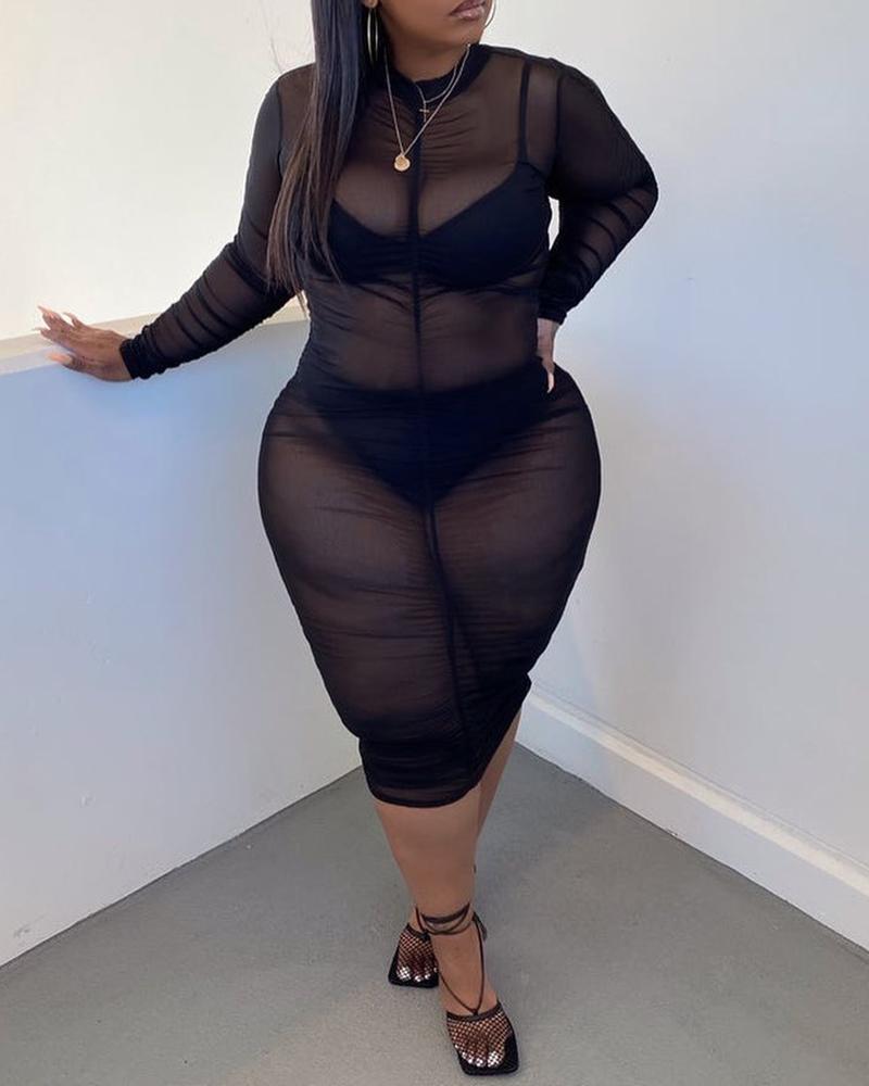 

Plus Size Plain See-through O Neck Long Sleeve Dress, Black