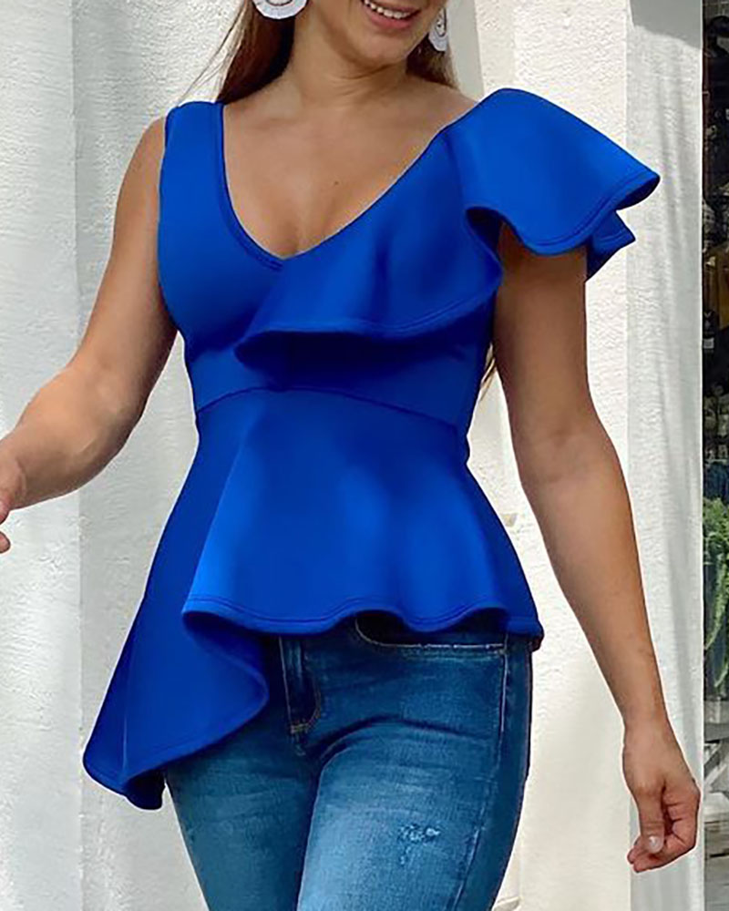 

Ruffles Trim Sleeveless Irregular Top, Blue