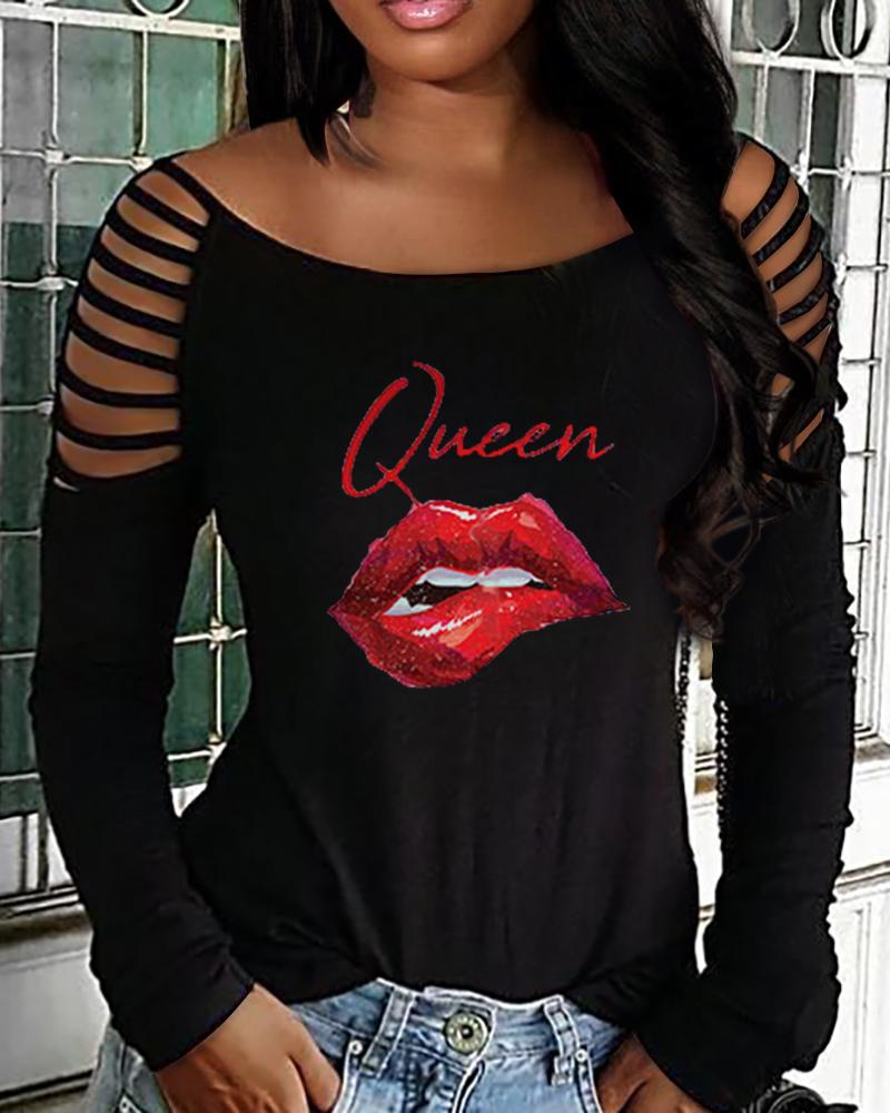 

Queen Lip Print Cold Shoulder Top, Black