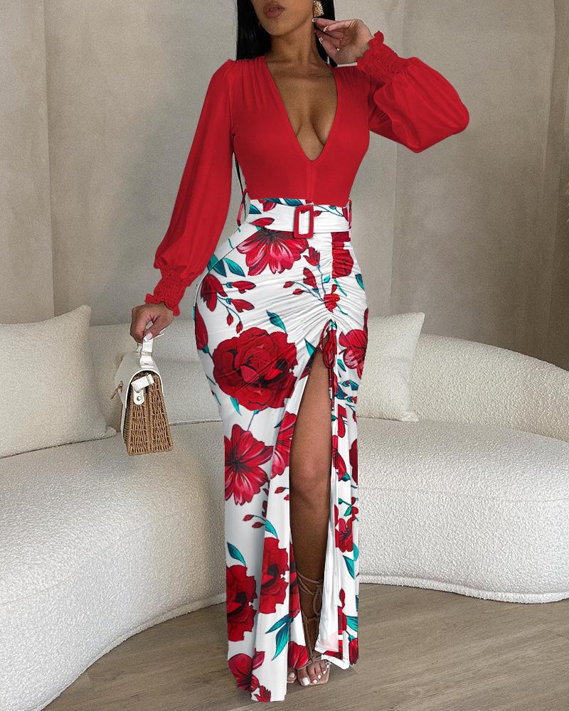 

Floral Print Plunge High Slit Drawstring Maxi Dress, Red