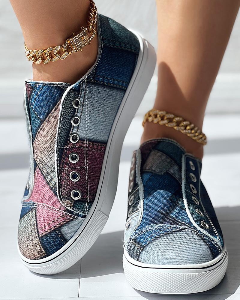 

Denim Look Print Eyelet Slip-on Sneakers, Multicolor