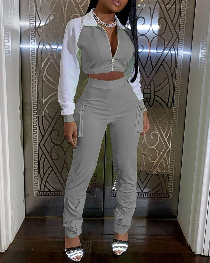 

Zip Colorblock Crop Top & Pocket Design Pants Set, Gray