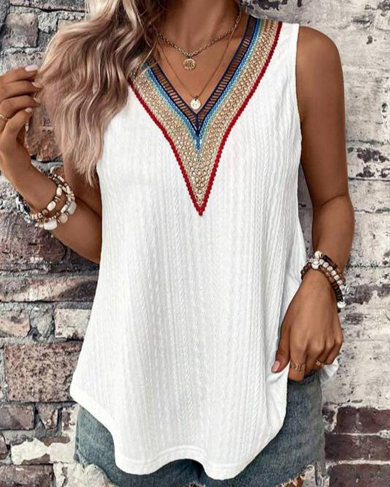 

Lace Patch Sleeveless Textured Top, White