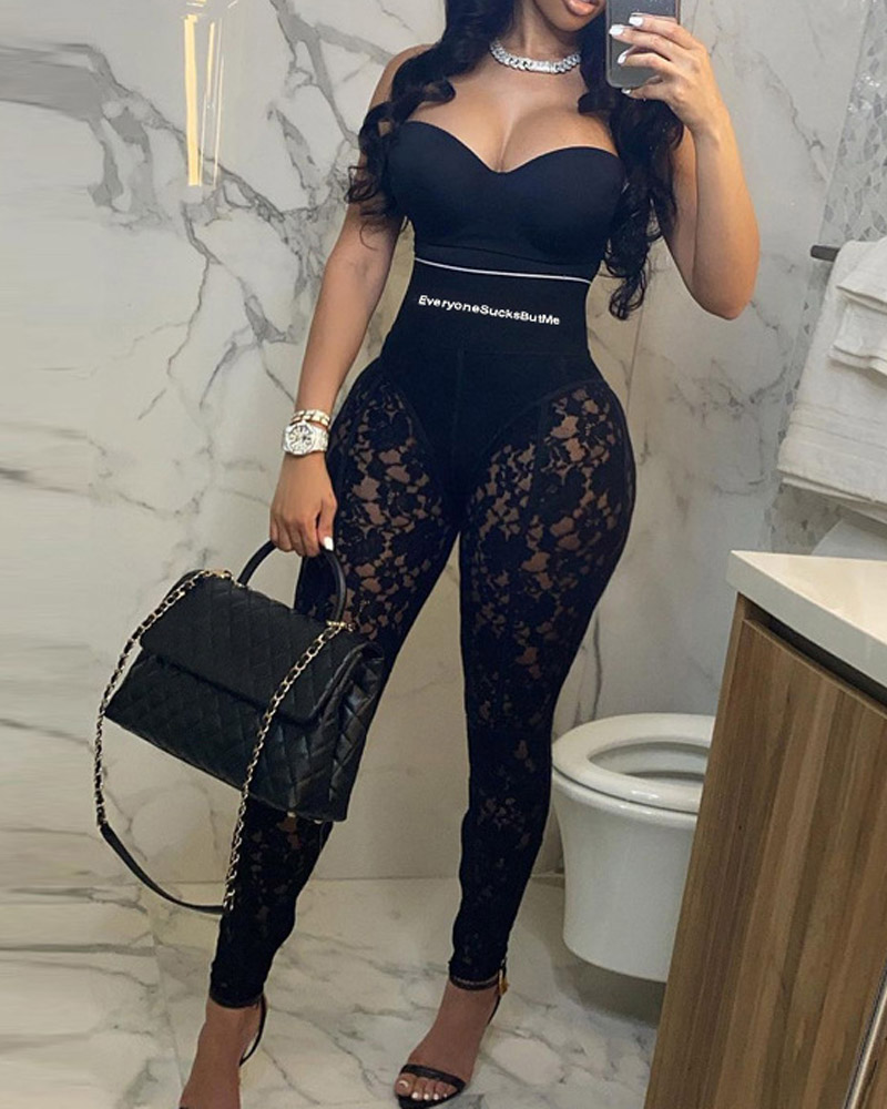 

Letter Print Side Zipper Skinny Lace Pants, Black