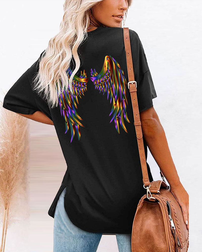 

Angel Wings Print Split Hem Casual T-shirt Oversized Graphic Tee, Black