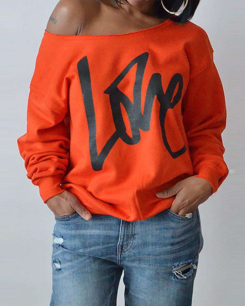 

Letter Print Long Sleeve Sweatshirt, Orange