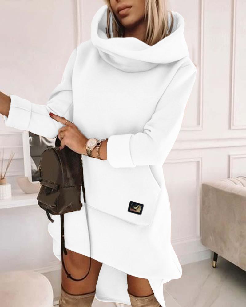 

High Neck Long Sleeve Sweatshirt Casual Dress, White