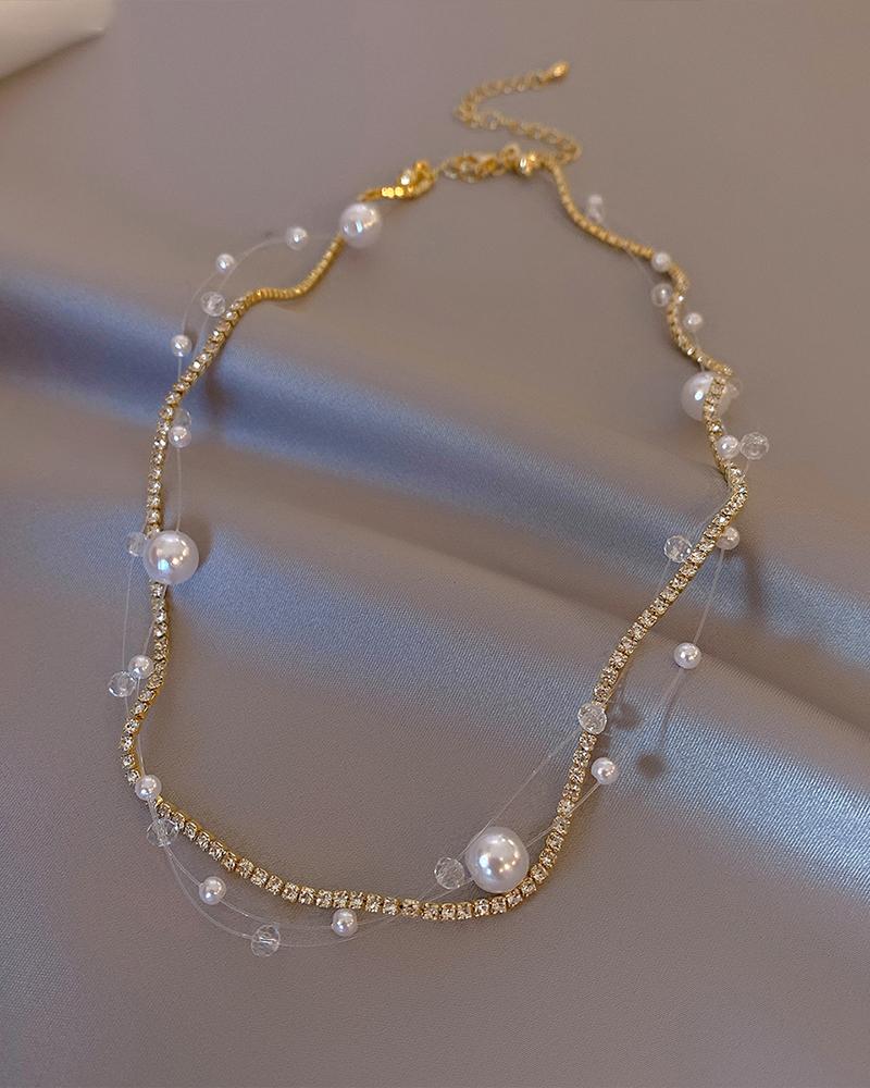 

Layered Pearls Rhinestone Chain Necklace, White
