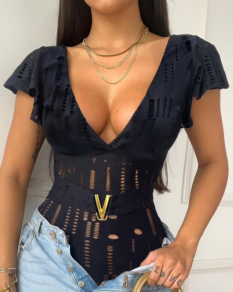 

Cutout Plunge Ruffles Bodysuit, Black