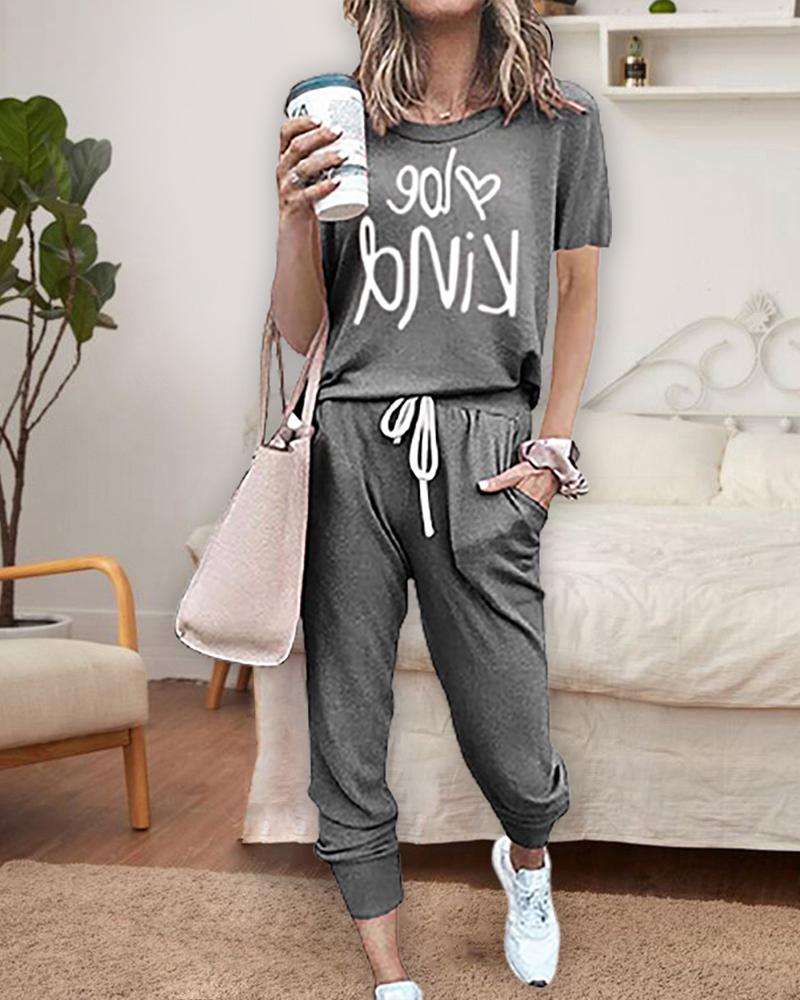 

Letter Print T-shirt & Drawstring Pocket Design Pants Set, Dark grey
