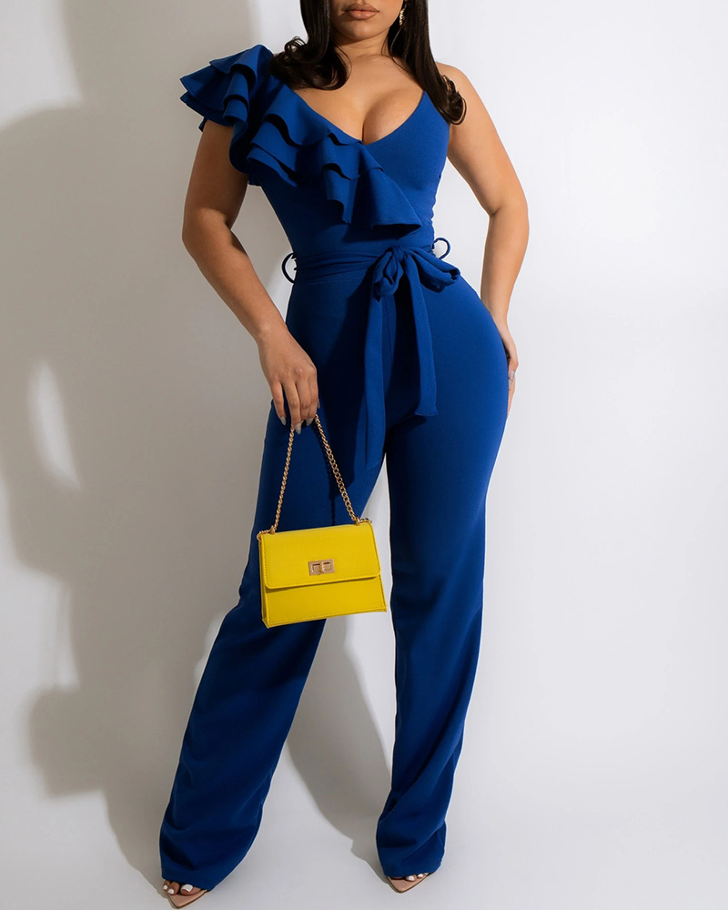 

Sleeveless Layered Ruffle Hem Skinny Jumpsuit With Belt, Blue